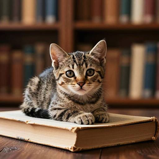 Miniature Tabby Cat in Cozy Library