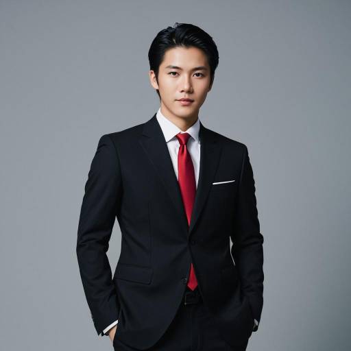 Confident Japanese Man in Black Suit and Red Tie