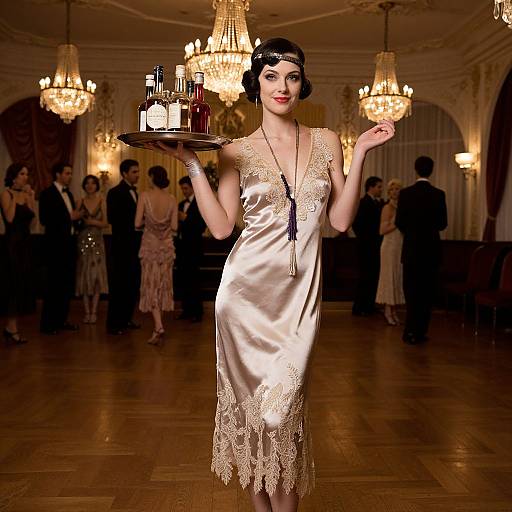 Vintage-style photograph of a flapper woman in a lace-trimmed, cream satin dress, holding a tray with drinks, in an elegant, ch