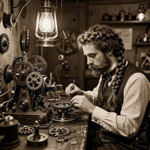 Sepia-toned photograph of a bearded man with braided hair, wearing a vest and shirt, repairing intricate clockwork machinery under a hanging lantern