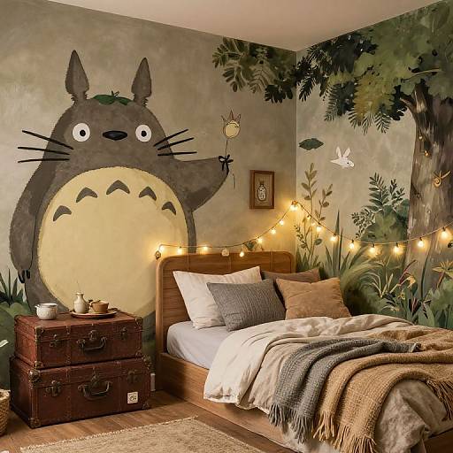 Whimsical bedroom with Totoro mural, fairy lights, wooden bed, textured blankets, vintage trunk, and forest-themed wallpaper. Warm, cozy
