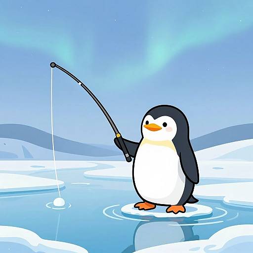Stylized Cartoon Penguin Fishing Scene