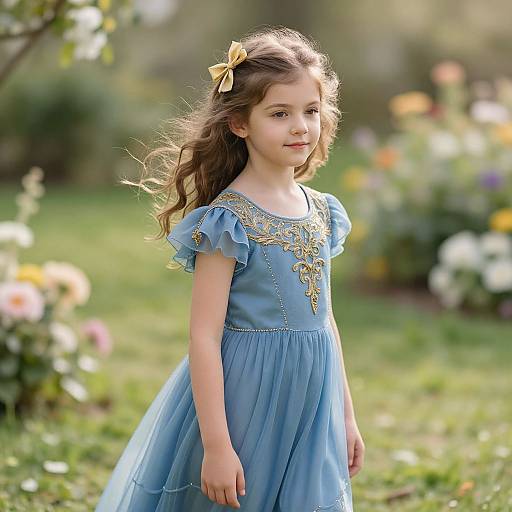 Photograph of a young girl with wavy brown hair, wearing a blue dress with gold embroidery, yellow bow, standing in a sunlit garden with