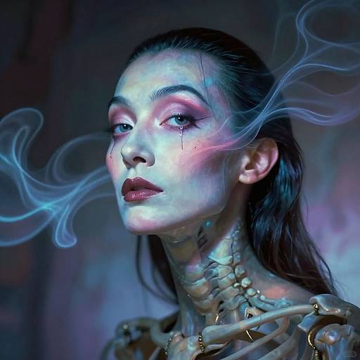 Digital artwork of a pale, skeletal woman with black hair, smoky blue-gray aura, dark makeup, and skeletal neck, against a dark, blurred