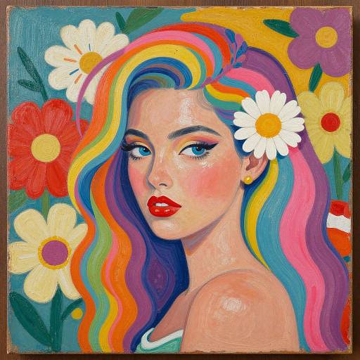 Vibrant digital painting of a woman with rainbow-colored hair, red lips, white daisy in hair, surrounded by colorful flowers.
