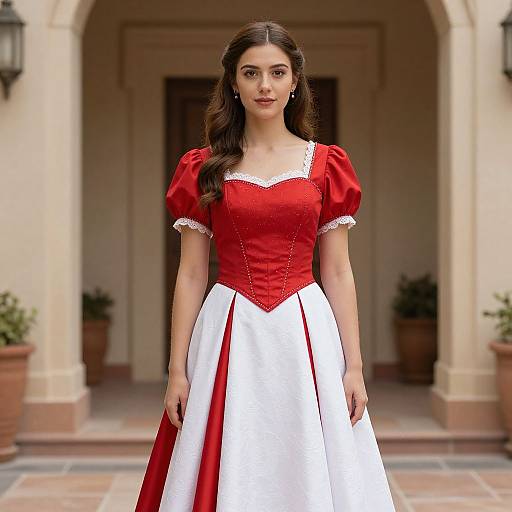 Photograph of a young woman with fair skin and long brown hair, wearing a red and white Cinderella-style dress, standing in front of a beige