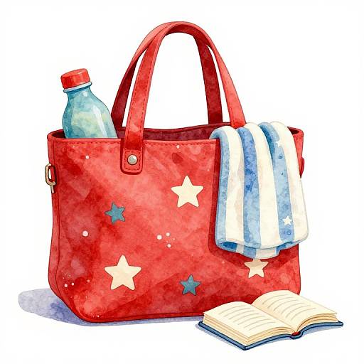 Red Beach Bag with Towel and Book Illustration