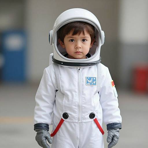Photograph of a young Asian boy with short brown hair, wearing a white astronaut suit with a helmet, gray gloves, and red accents, standing outdoors