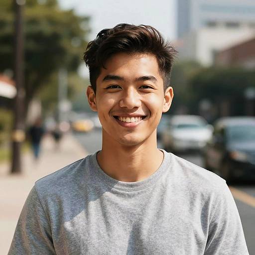 Photograph of a smiling young Asian man with short black hair, wearing a gray shirt, standing outdoors on a sunny street.
