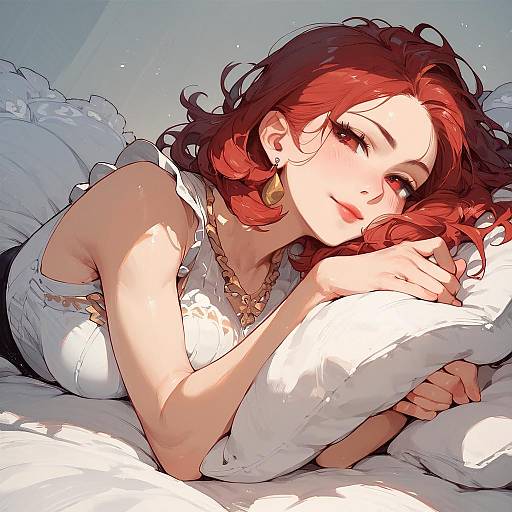 Digital anime-style drawing of a red-haired woman with curly hair, lying on a white pillow, wearing a white lace top, smiling softly. Bright sunlight