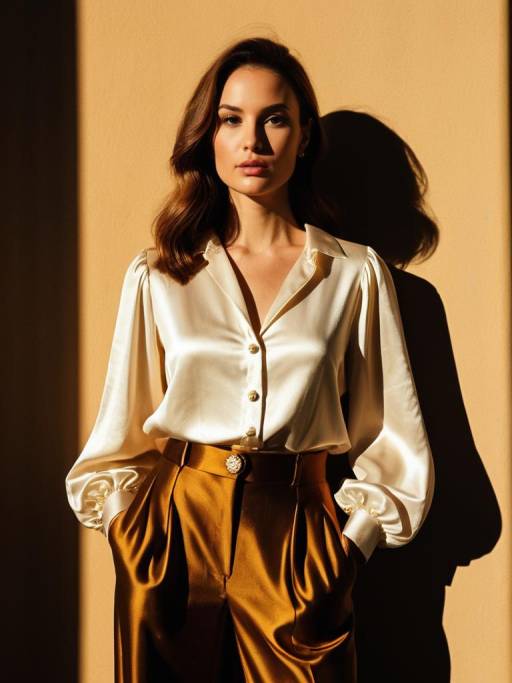 Stylish woman in cream blouse and ochre trousers