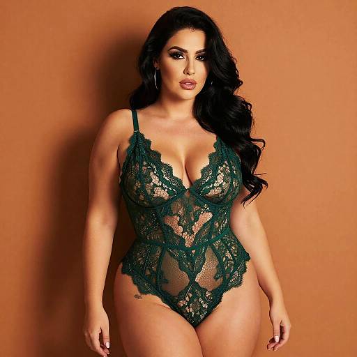 Photograph of a curvy, dark-haired woman with long wavy hair, wearing a green lace bodysuit against an orange background.