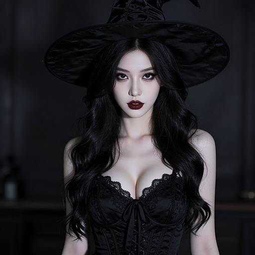 Photograph of a pale-skinned, dark-haired woman with red lips, wearing a black lace corset and large witch hat, set against a dark