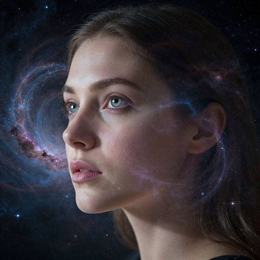 Digital portrait of a young woman with fair skin, blue eyes, and brown hair, surrounded by a swirling cosmic galaxy in space.