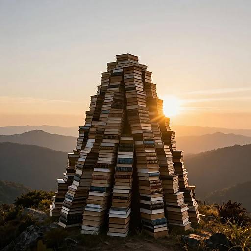 Photograph of a pyramid-shaped stack of colorful books at sunrise, set against a mountainous landscape with a golden sun peeking from behind.