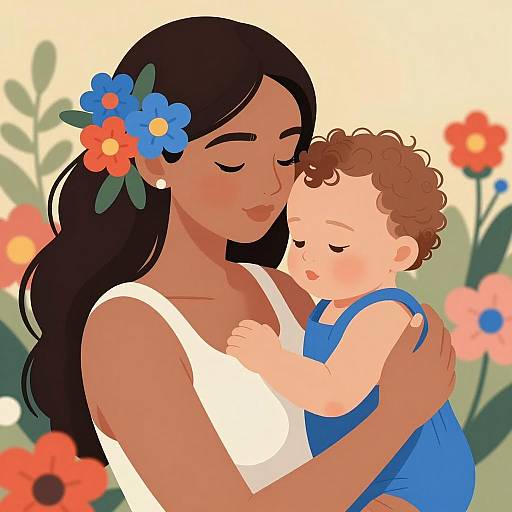 Affectionate Mother and Baby Floral Illustration