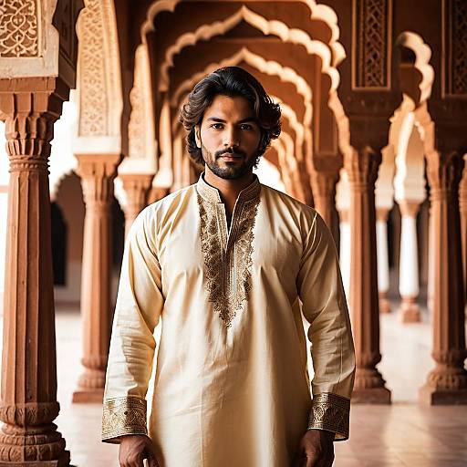 Indian Man in Traditional Kurta with Architectural Background