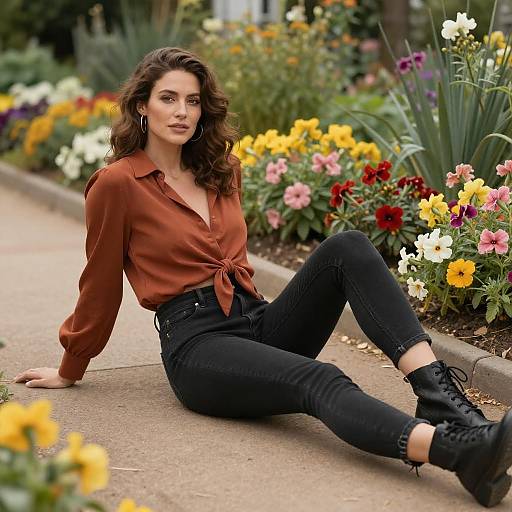 Photograph of a brunette woman with wavy hair, wearing a tied brown blouse, black jeans, and black boots, sitting on a garden path surrounded