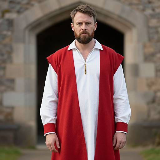 Photograph of a bearded man with a serious expression, wearing a red and white medieval-style robe, standing in front of a stone building with a