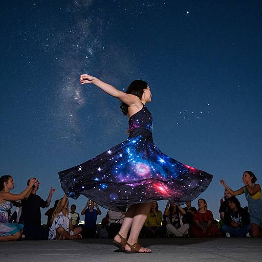 Photograph of a dancer in a starry, galaxy-themed dress, mid-spin, against a night sky backdrop, with an audience clapping.