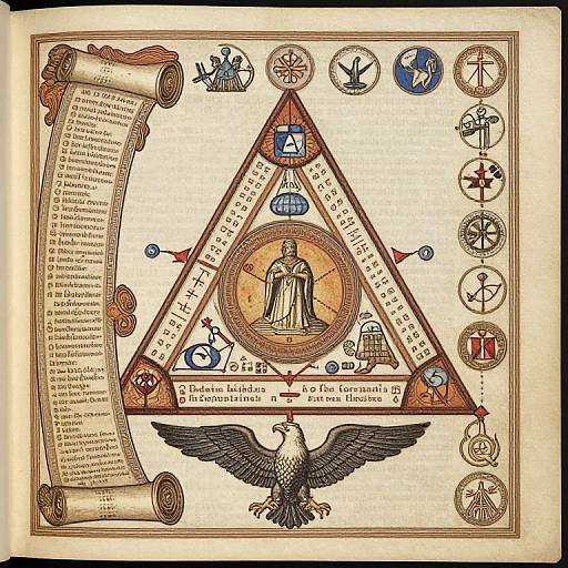 Medieval-style illustration featuring a central triangle with a robed figure, surrounded by symbols, a scroll, and a black eagle. Latin text and circular