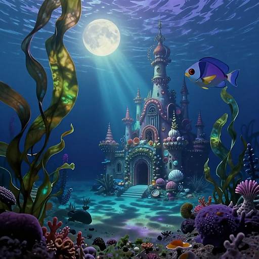 Underwater fantasy castle illuminated by moonlight, surrounded by colorful coral reefs, seaweed, and a purple and yellow fish, with beams of light piercing