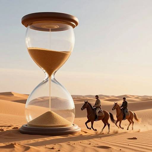 Photograph of two riders on horses in a desert, with a large hourglass in the foreground casting long shadows.