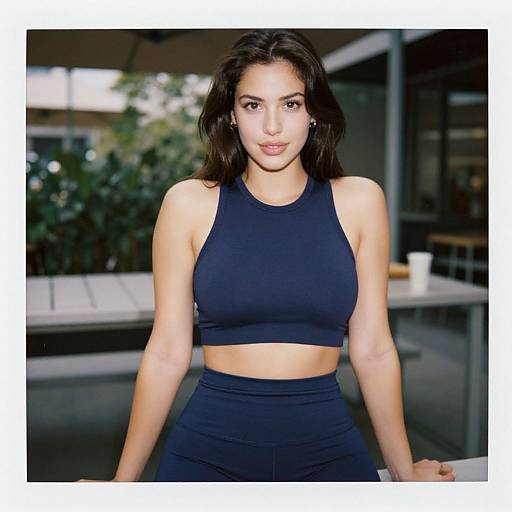 Photograph of a young woman with long dark hair, wearing a black sports bra and high-waisted black leggings, standing outdoors in front of a