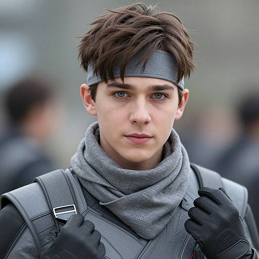 Photograph of a young, fair-skinned man with dark brown hair, blue eyes, wearing a gray headband, scarf, and black gloves over