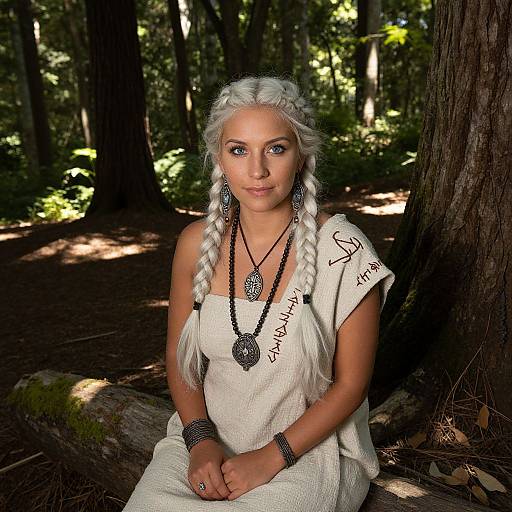 Photograph of a blonde woman with braided hair, wearing a white dress and black jewelry, sitting in a sunlit forest.