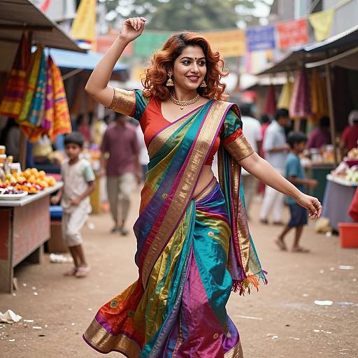 Photograph of a smiling Indian woman with curly red hair, wearing a colorful, traditional sari, dancing in a bustling market street with vendors and pedestrians
