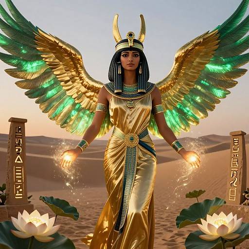 Digital artwork of an Egyptian goddess with golden wings, glowing green feathers, wearing a gold dress and headdress, standing in a desert with lotus flowers