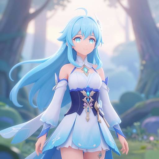 Digital anime-style artwork of a blue-haired girl with large eyes, wearing a white and blue fantasy dress, standing in a sunlit forest.