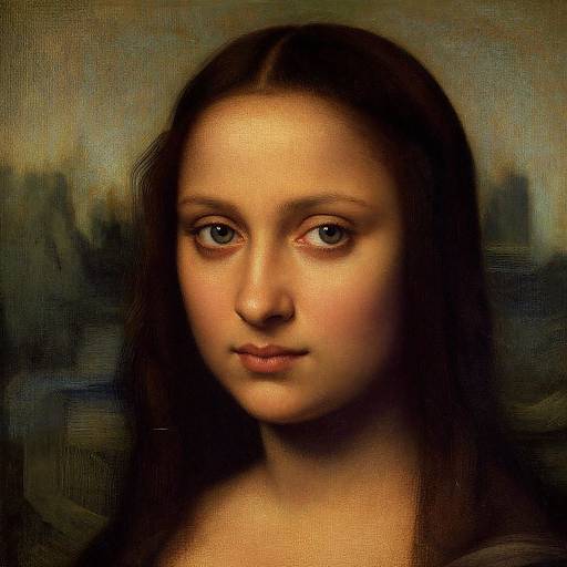 Digital artwork blending Mona Lisa's face with a young woman's features, having brown hair, blue eyes, and a calm expression, set against a dark