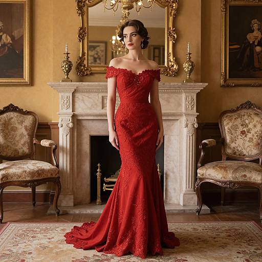Photograph of a fair-skinned woman with dark hair in an off-shoulder, red lace gown, standing in an elegant, ornate living