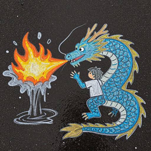 Colorful drawing of a blue dragon with yellow fins and scales, standing next to a glowing fire in a silver cauldron, interacting with a young