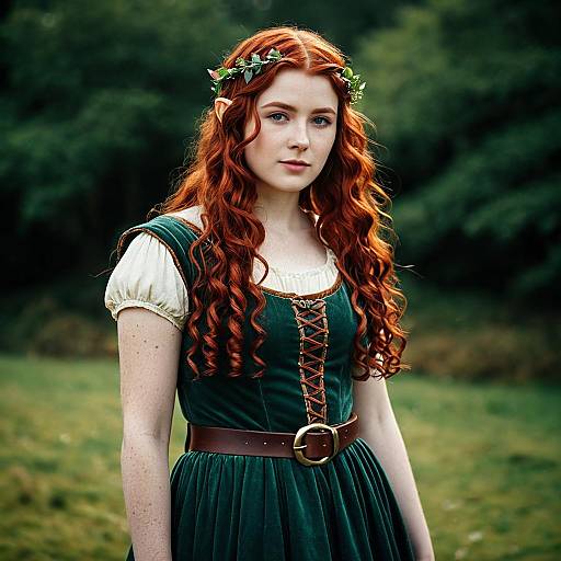 Red-haired Hobbit Cosplay Girl in Green Dress
