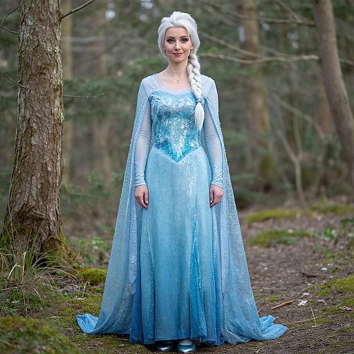 Photograph of a fair-skinned woman with white braided hair, wearing a shimmering blue Elsa-style gown, standing in a mossy forest.