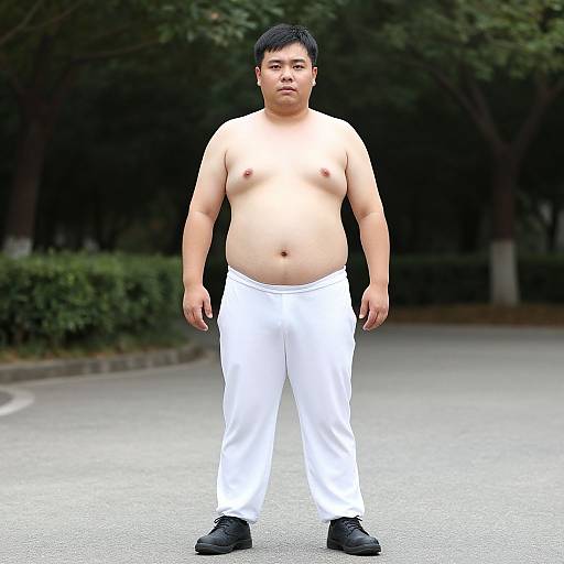 Photograph of a shirtless, overweight Asian man with short black hair, wearing white pants and black shoes, standing on a paved path in a wooded