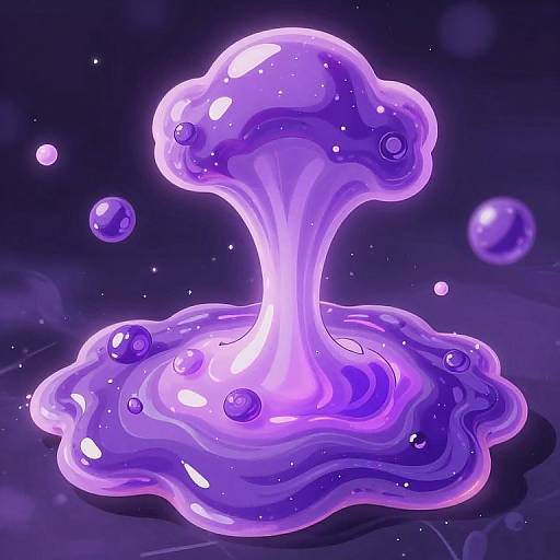 Digital artwork of a glowing, translucent purple slime blob with a mushroom-like shape, surrounded by smaller bubbles, against a dark background.