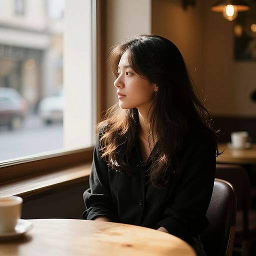 Photograph of an Asian woman with long black hair, wearing a black shirt, sitting in a sunlit café, gazing outside. Warm, soft