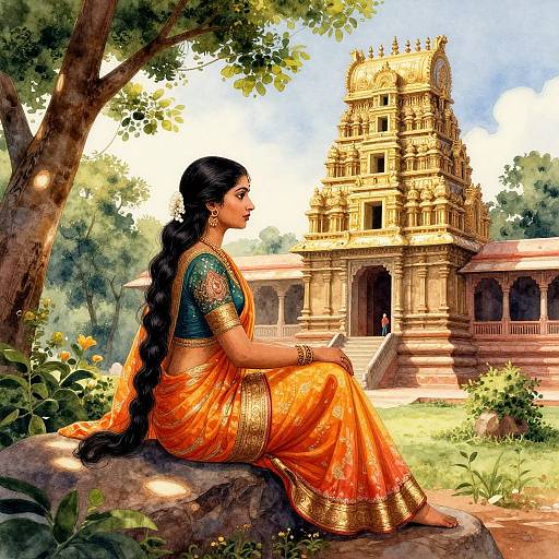 Digital painting of a South Asian woman with long black hair in an orange sari, sitting on a rock, gazing at a golden temple surrounded by