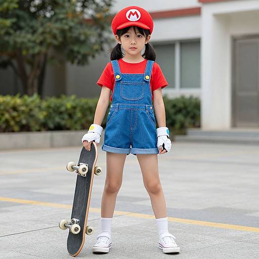 Photograph of an Asian girl with black hair, wearing a red Mario hat, red shirt, blue overalls, and white gloves, holding a skateboard