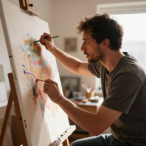 Photograph of a bearded man with curly brown hair, wearing a gray t-shirt, painting on an easel with vibrant abstract colors in a brightly