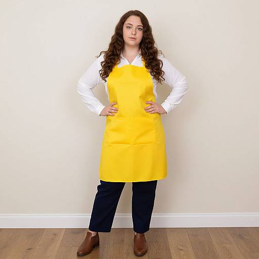 Photograph of a young woman with long curly brown hair, wearing a white shirt, yellow apron, black pants, and brown boots, standing against