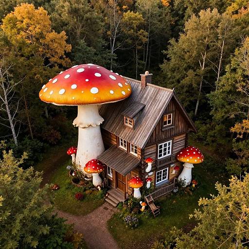 Surreal Wooden Cottage in Mushroom Forest