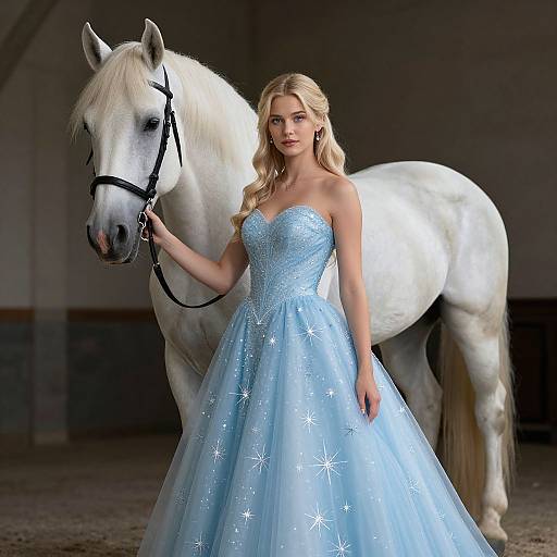 Photograph of a blonde woman in a sparkling blue ball gown with star patterns, standing beside a white horse in a dimly lit stable.