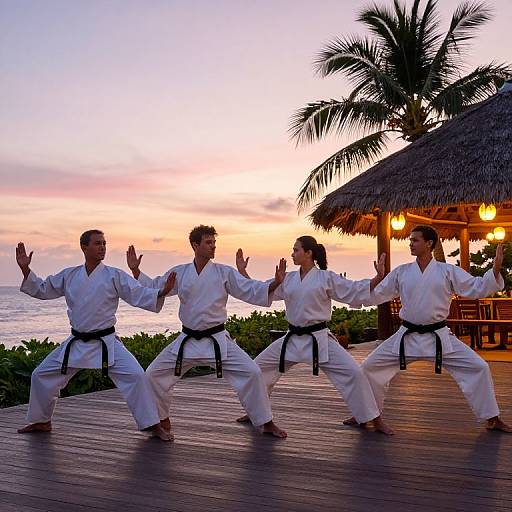 Photograph of four karate practitioners in white uniforms and black belts performing a synchronized stance on a wooden deck at sunset, with a palm tree and beach