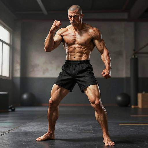 Photograph of a muscular, bald, shirtless man with defined abs and veins, wearing black shorts, standing in a dimly lit gym, fists