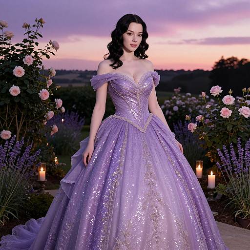Photograph of a fair-skinned woman with dark curly hair in an off-shoulder, sparkling lavender ball gown, surrounded by roses and lit candles